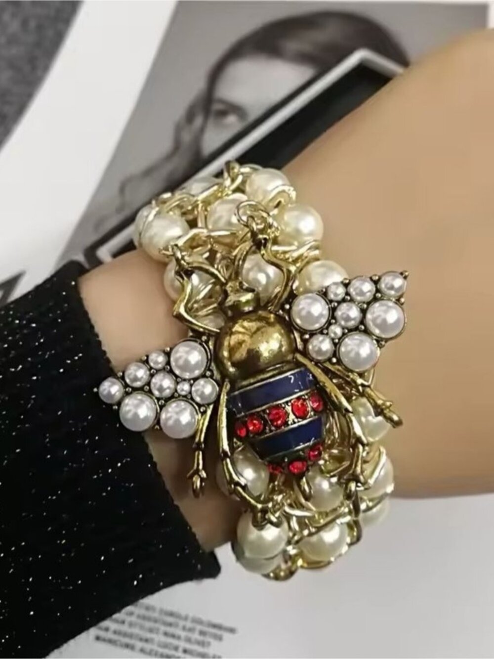 Gold Pearl Bee Bracelet with Red and Blue Accents